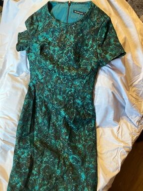 Black Halo Teal Floral Jacquard Midi Sheath Dress